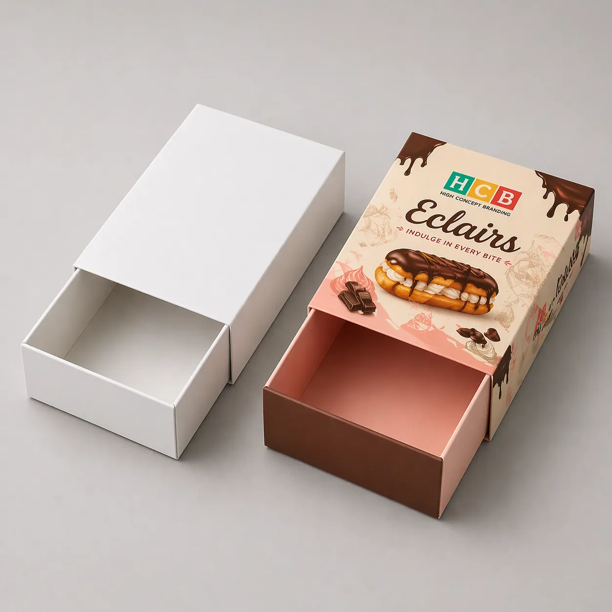 Two rectangular cardboard boxes, one plain and one featuring colourful decorative patterns and brand logos. class=